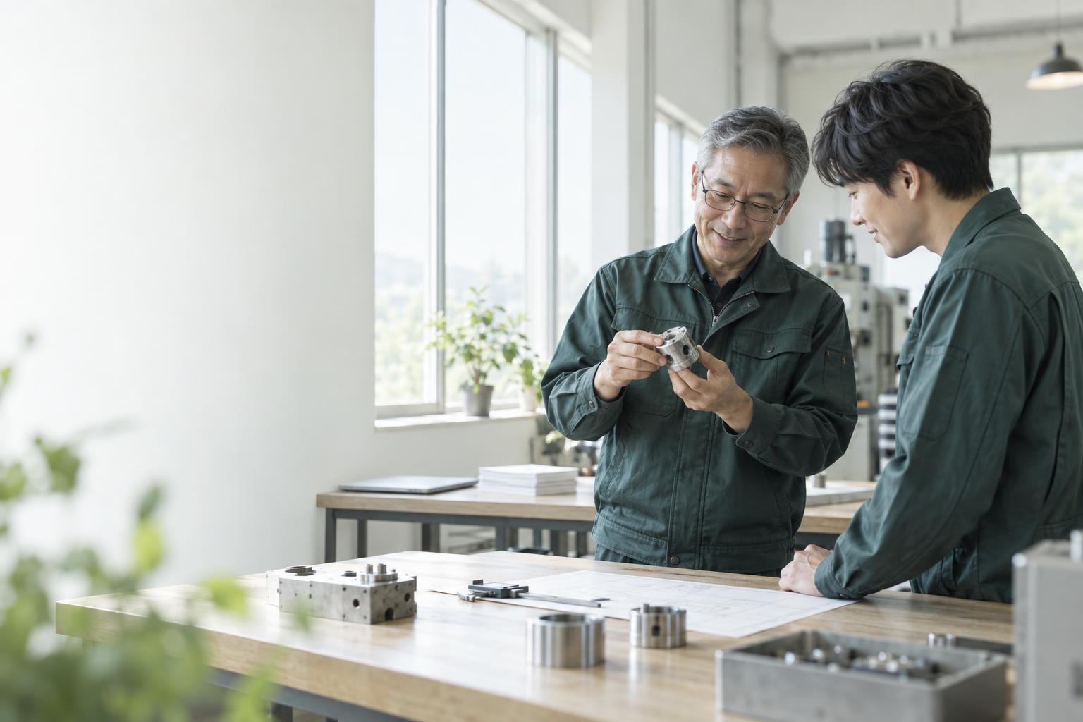 明るい作業場で、ベテランが部品を手に若手へ笑顔で説明している