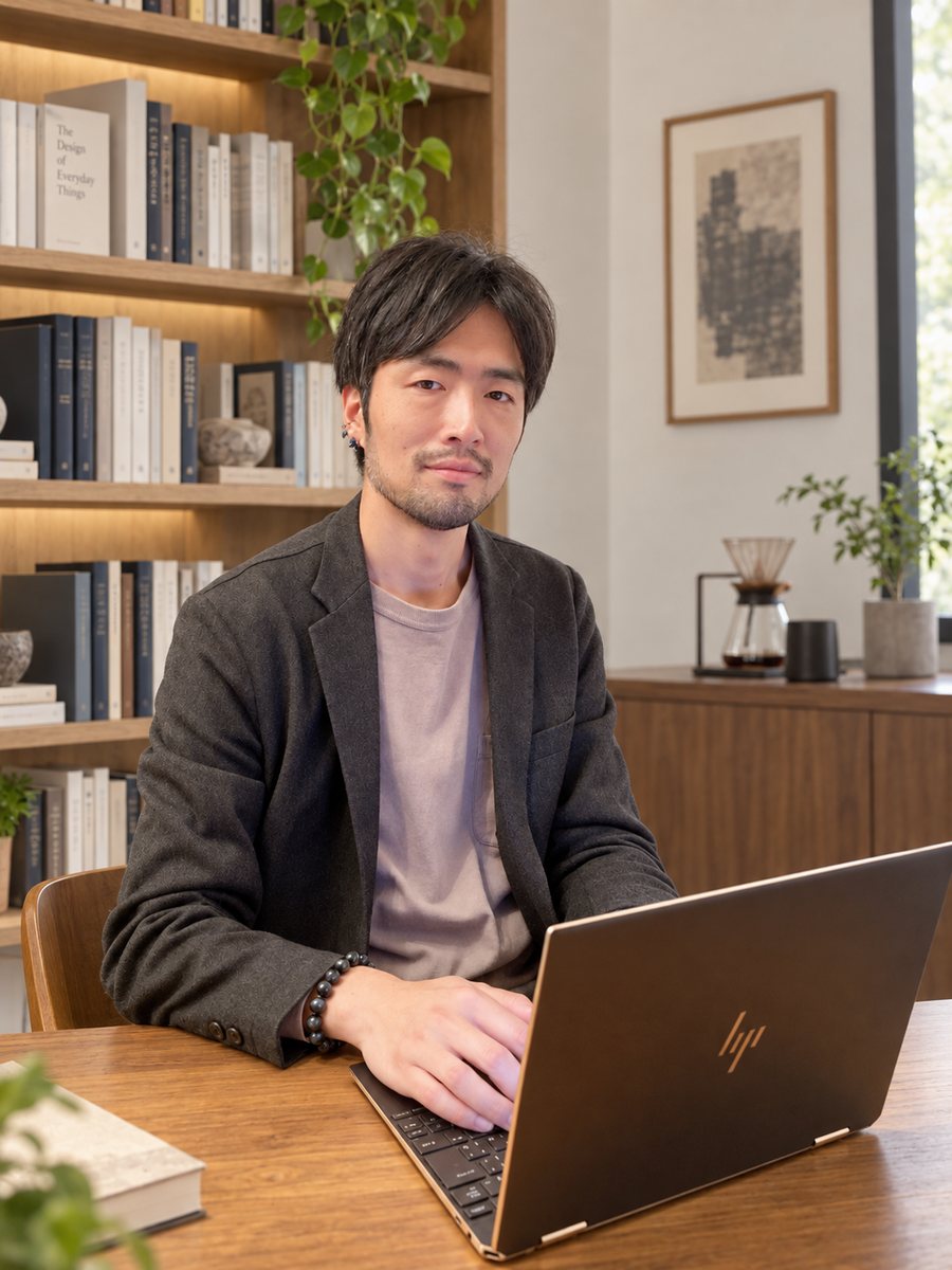 書斎のデスクでノートパソコンに向かう池田 芳